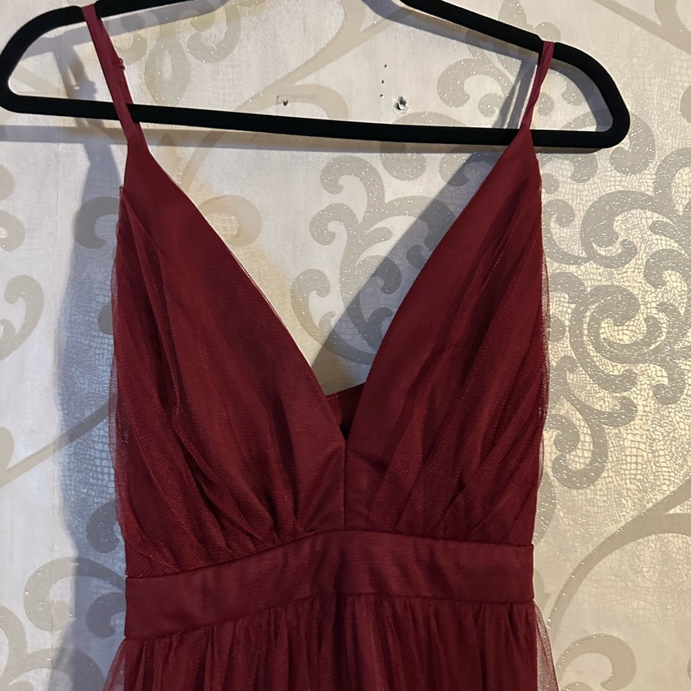 Lulu's Burgundy Rare Beauty Burgundy Tulle Backless Maxi Dress 1X - Picture 9 of 14